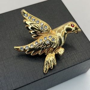 VTG 80's Bird Brooch Pin Gold Crystal Fashion Jewelry